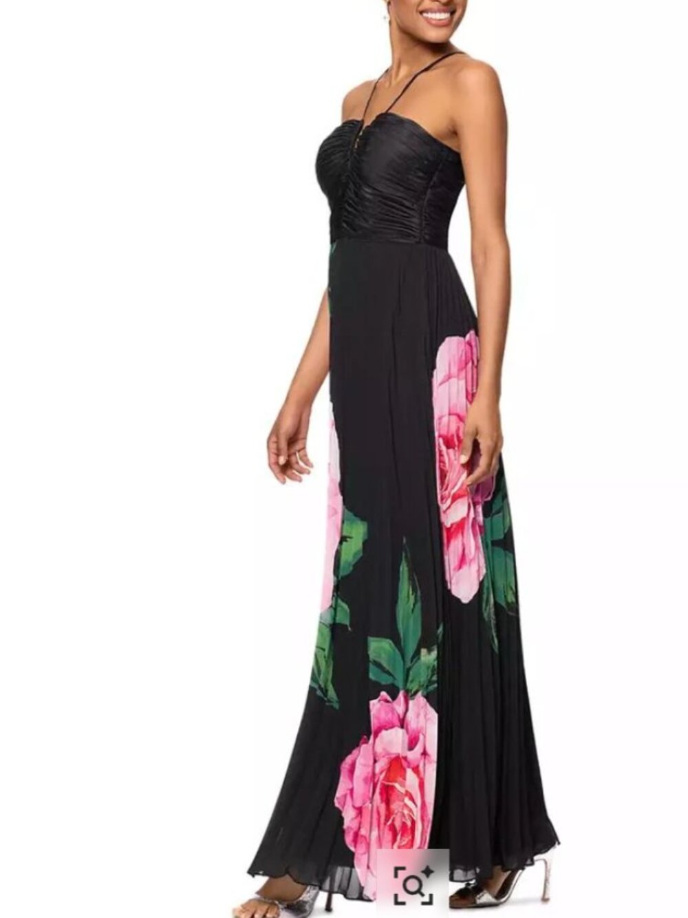 XSCAPE size 10 Women’s Floral-Print Pleated Halter Gown